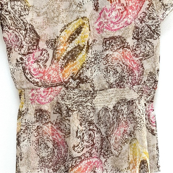 Sunny Leigh Y2K Sheer Crinkle Chiffon Ruffle Peplum Top Paisley Cream Multi PL - Picture 6 of 10